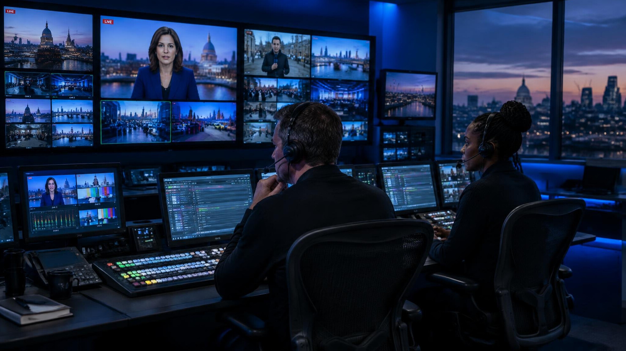 Broadcast control room with engineers monitoring several live news feeds on a bank of screens