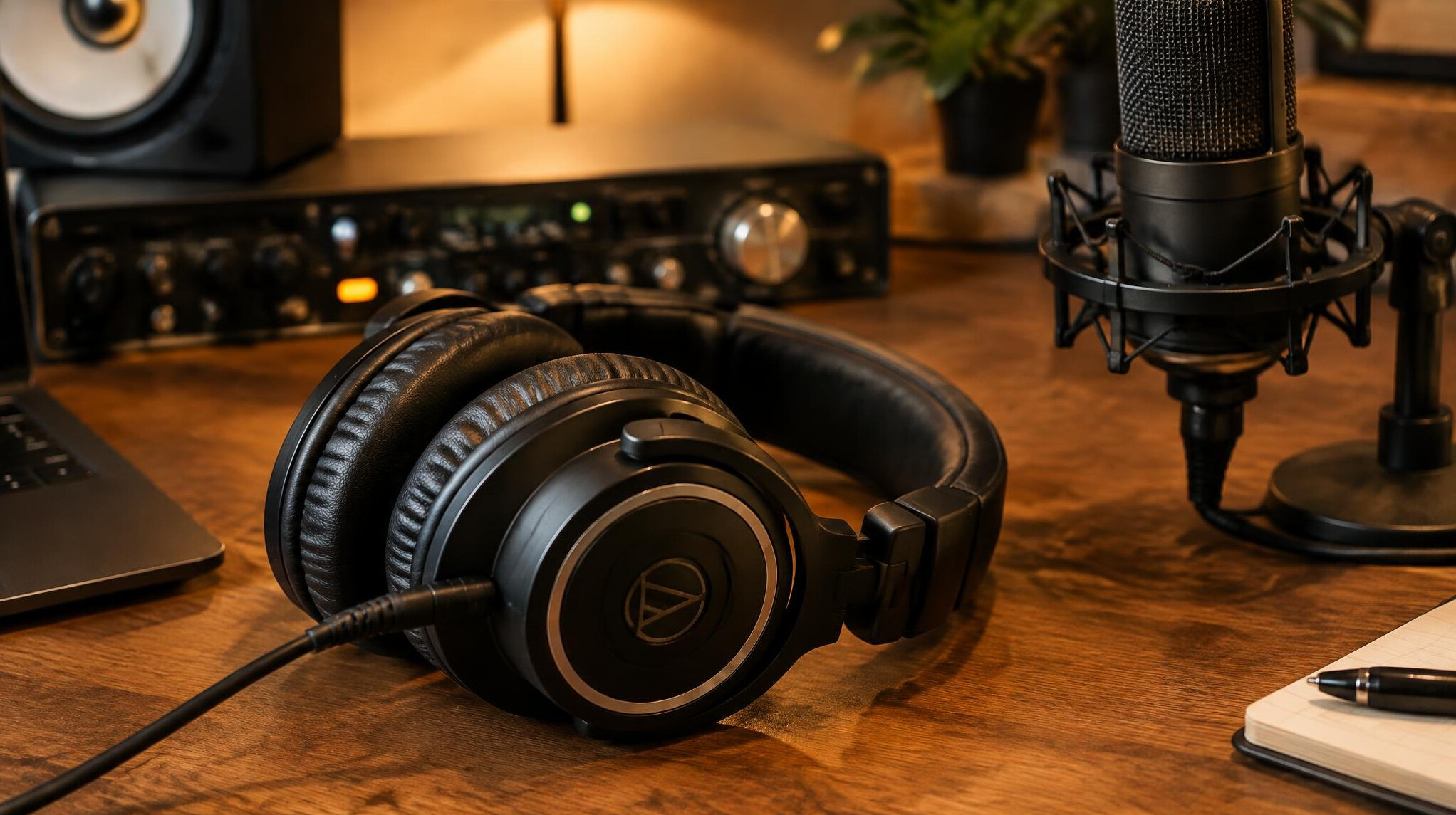 Professional headphones resting on a studio desk near audio equipment