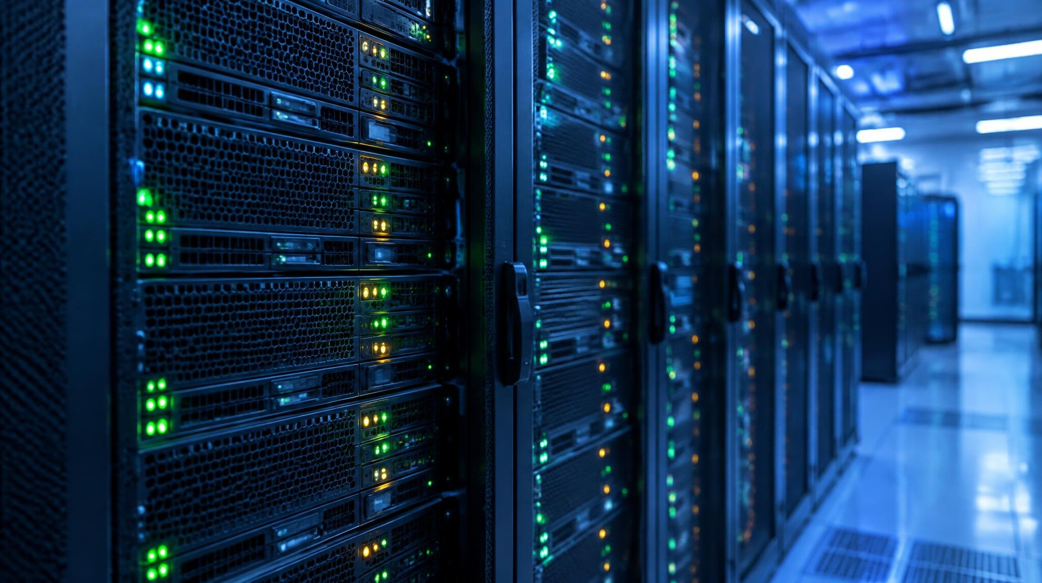 Rows of server racks with blinking status lights in a broadcast technology facility