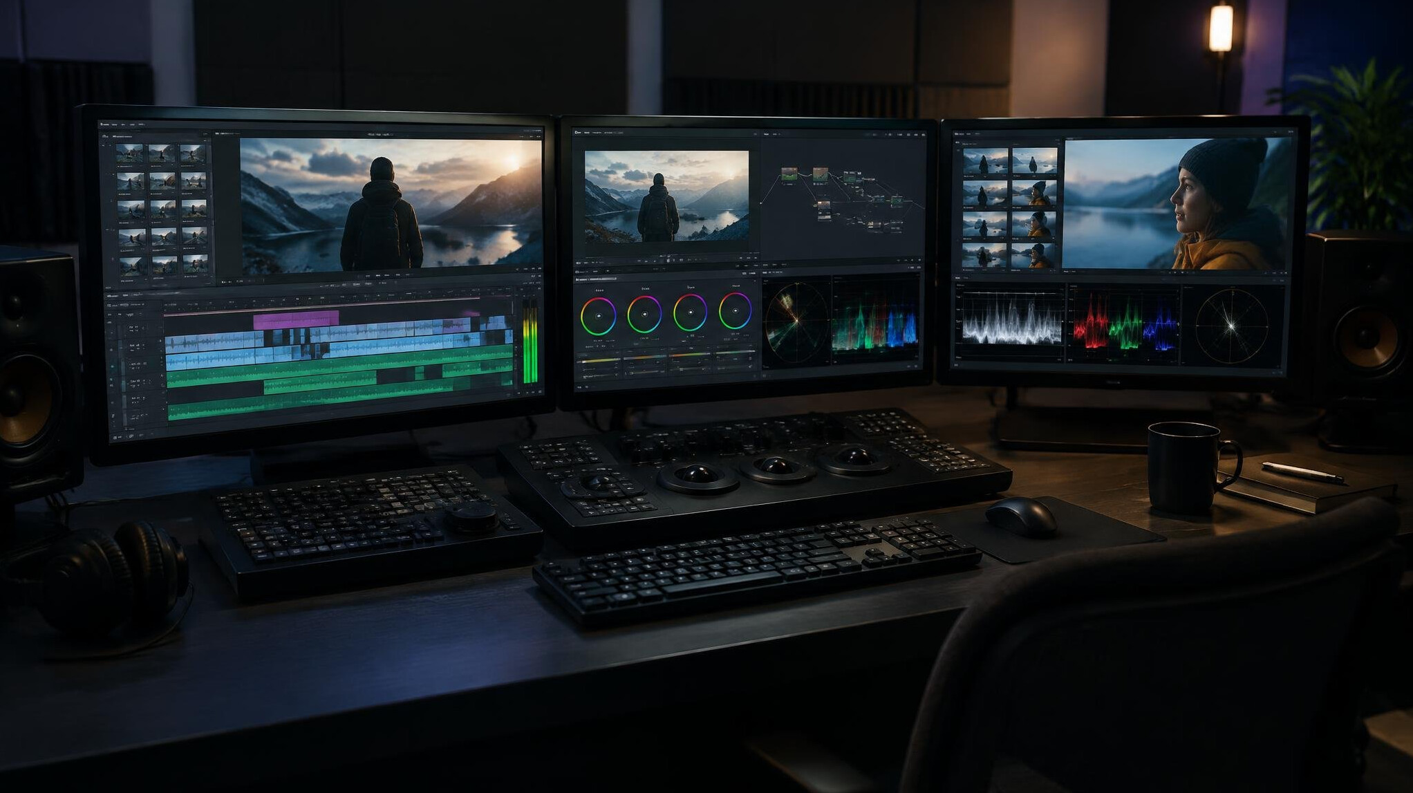 Video editing suite with multiple monitors displaying footage timelines