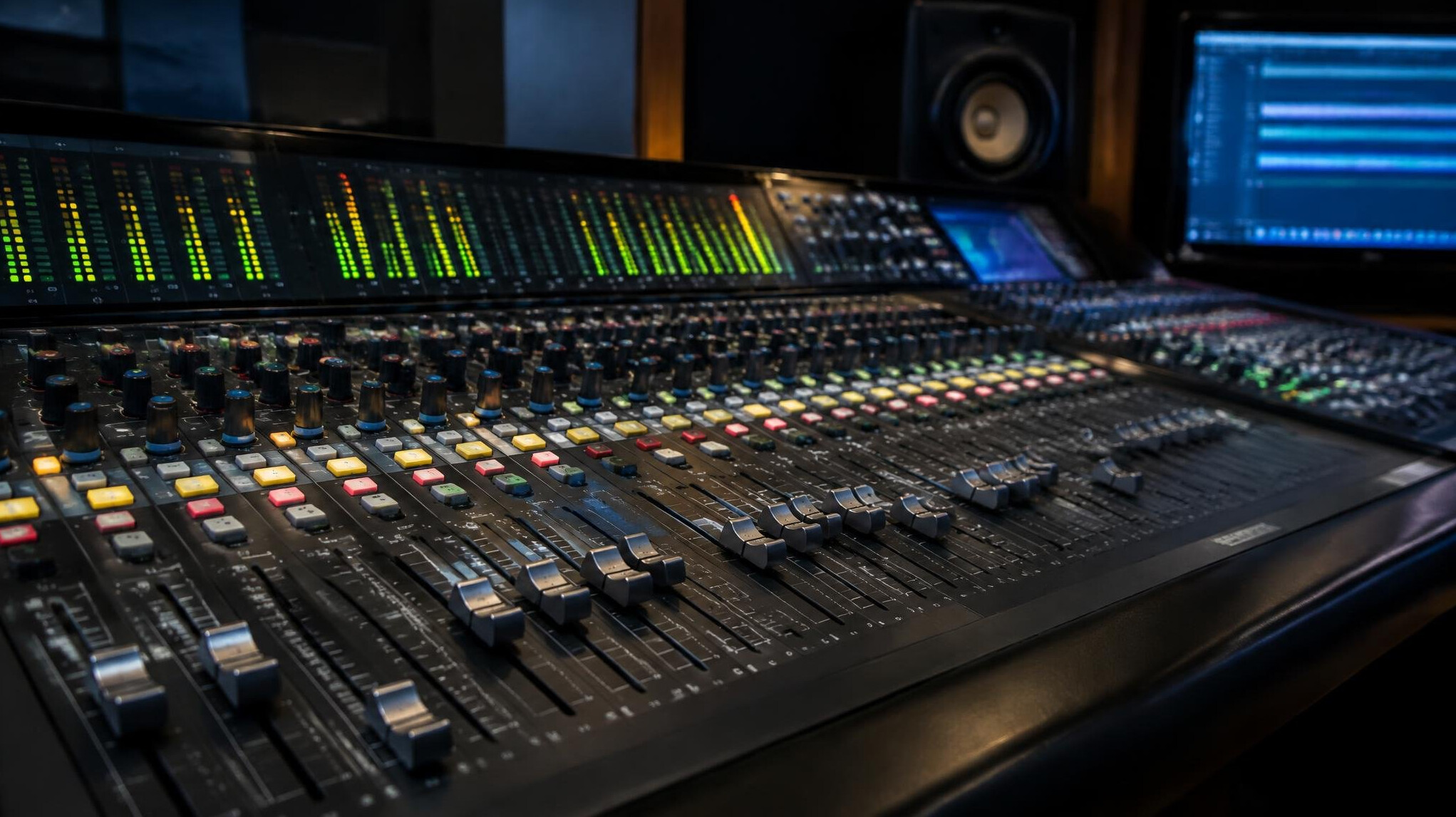 Audio mixing console with sliders and knobs in a broadcast studio